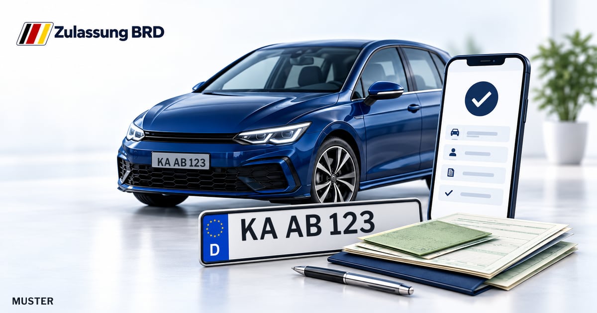 Online Fahrzeugzulassung in Oberderdingen: Musterkennzeichen KA AB 123, Auto und Fahrzeugpapiere und Smartphone. Illustration mit Logo von Zulassung BRD.